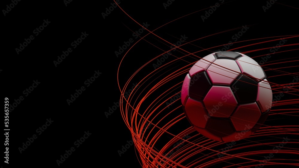 Naklejka premium Black-white soccer ball with red illuminated spiral laser beam particles under black-red lighting background. 3D illustration. 3D high quality rendering. 3D CG.
