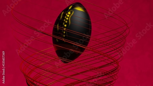 Black-gold American foot ball with red illuminated spiral laser beam particles under black-red lighting background. 3D illustration. 3D high quality rendering. 3D CG.