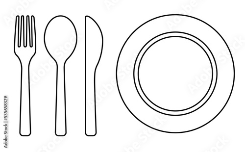 Tableware outline design with fork, spoon, knife, plate icon vector. Table utensil set isolated on white, to use in restaurant menu, advert and flyer. 