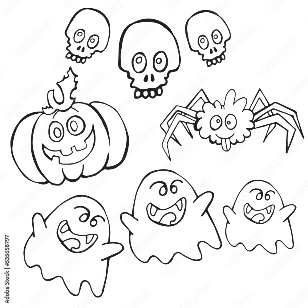 halloween characters, skeleton, pumpkin, spider, ghosts, coloring pages ...