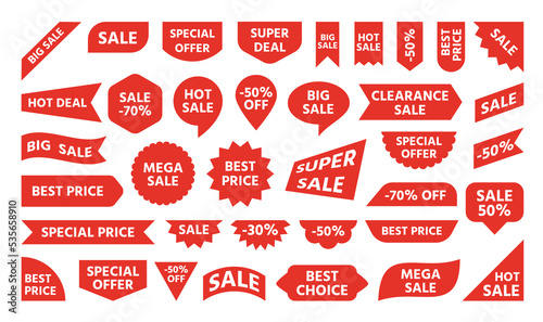 Best choice new big sale banner. Red ribbon price tag sticker discount label template with advertising text. Flat shopping special offer retail banners, hot promotion note message for consumer