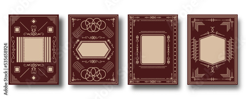 Vintage notebook cover set. Golden engraving pattern template with copy space for annual notepad, brochure, copybook, diary. Art deco graphic print for magazine covers, booklet journal cards