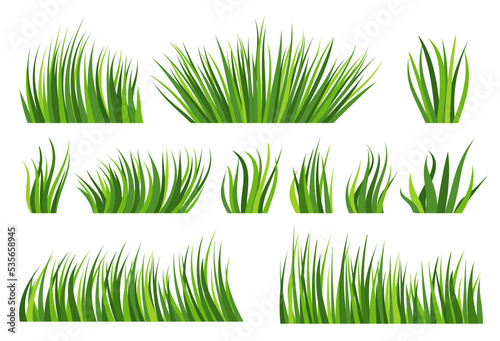 Green grass natural organic lawn flat set. Different shape spring herbal turf on white background. Summer bio herb meadow. Eco plant fresh bush. Greenery leaves cartoon icon. Foliage landscape border