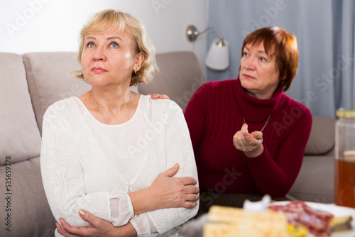 Two offended elderly women squabbling at home photo