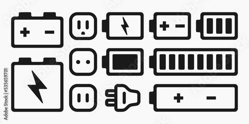 battery power outlet plug line icon set vector flat illustration
