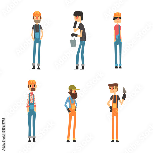 Construction staff characters set. Handyman, contractor, repairman, workman or foreman cartoon vector illustration