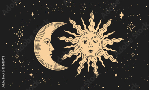Sun vector linear illustration. Hand drawn celestial illustrations. Design elements for decoration in modern style. magical drawings. Vector modern print.