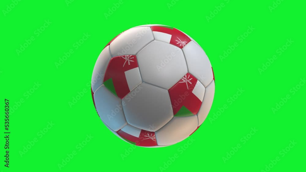 Soccer ball with flag Oman, on green screen background loop alpha. 3D Rendering Soccer ball with flag Oman, on green screen background loop alpha. 3D Rendering