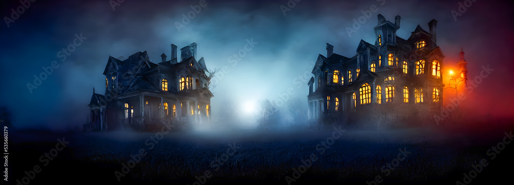 Haunted House. Creepy Atmosphere for Halloween. Fog, Moon light