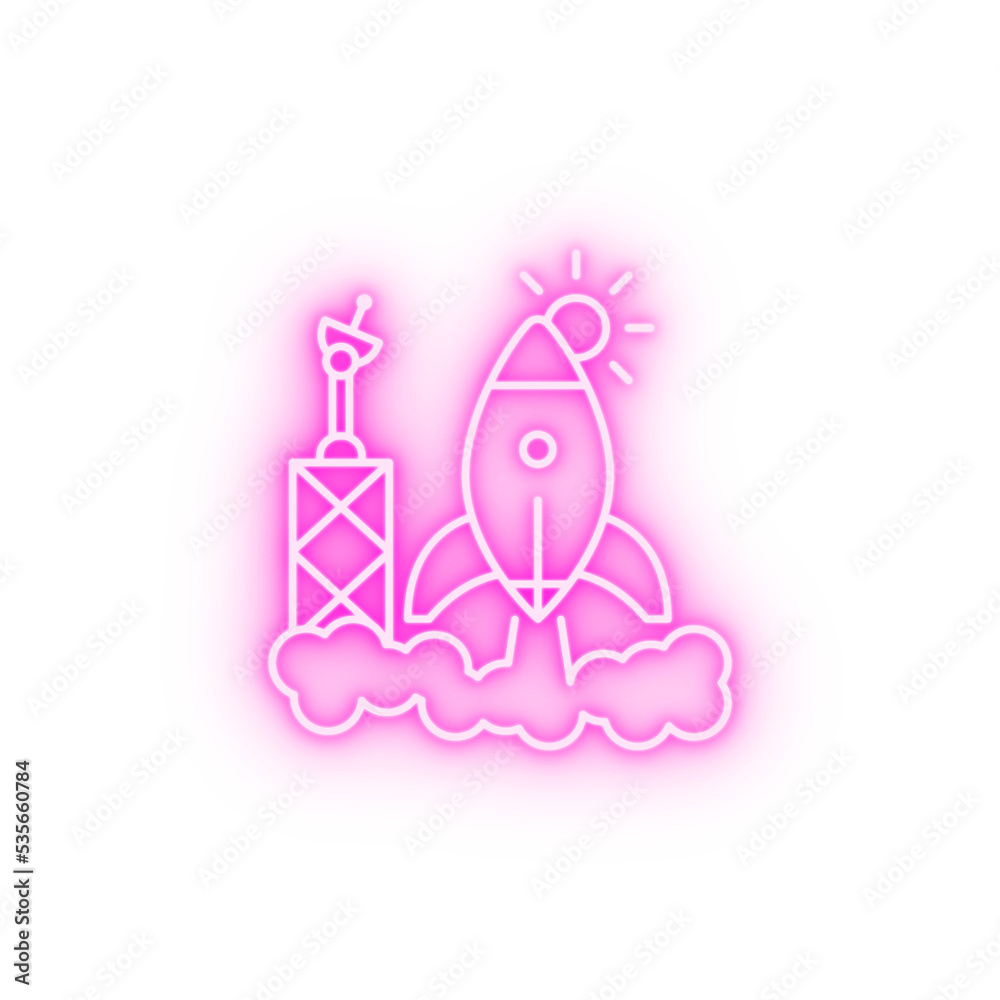 Rocket at the spaceport line neon icon