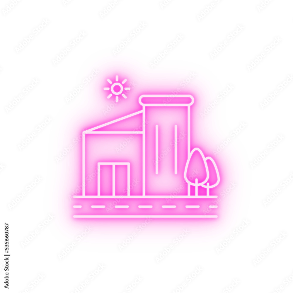 Central street along buildings line neon icon Central street along buildings line neon icon