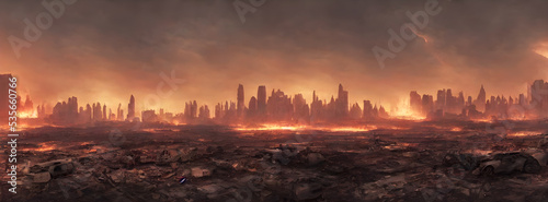 Post apocalypse. Nuclear apocalypse survivor. Ruined Cityscape. Concept. Banner size. Header