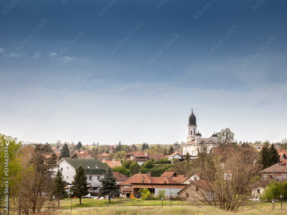 Panorama of the town of Grocka at spring, with a focus on the Crkva Sveta Trojica church. Grocka is a Serbian town, part of Belgrade...