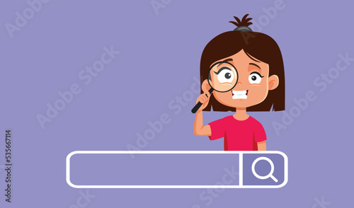 Little Girl Searching the Internet with Magnifying Glass Vector Cartoon. Student learning to browse for information online discovering interesting data
