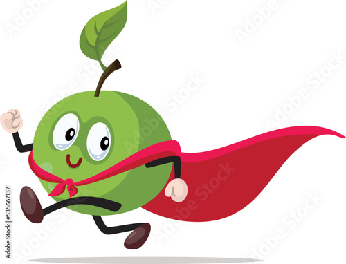 Funny Superhero Apple Running Vector Cartoon Mascot. Cute, adorable character replacement for sweet sugary desserts
