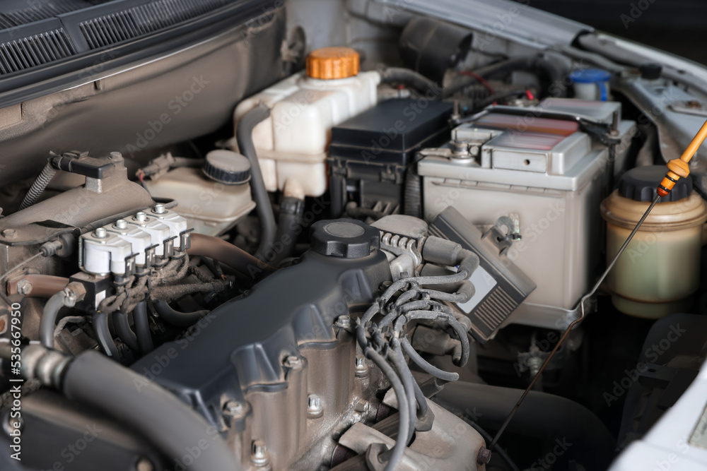 View of engine bay in modern car