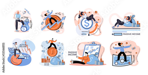 Active and passive income concept. Idea of financial growth and development with investments, interest on deposits, dividends. Metaphor illustrations about earnings, profit, cash and money flow