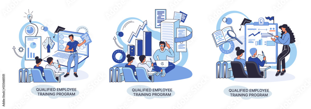 Fototapeta premium Qualified employee training program. Refresher course metaphor. Help in professional development. Learning for software development and growth. Agile project management team project life scrum meeting