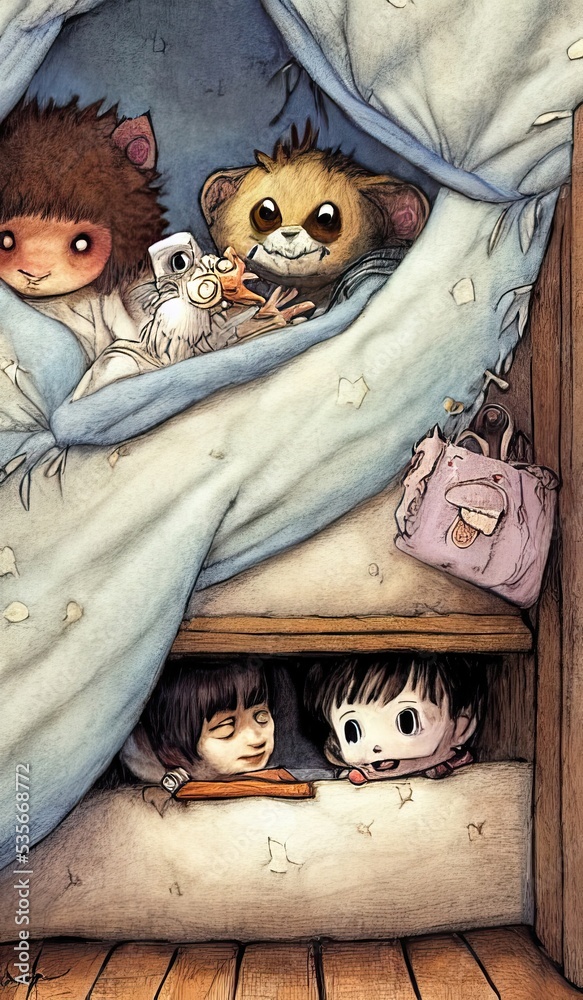 cute furry monsters hiding under a bed of a boy who has made friends