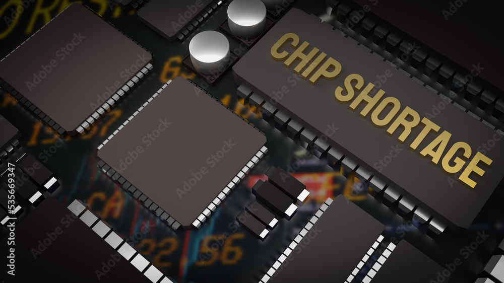 The  chip shortage text and ic and pcb board 3d rendering