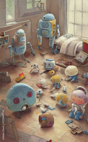 Robot toys playing on the floor of a bedroom, storybook illustration photo