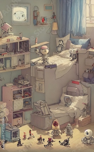 Robot toys playing on the floor of a bedroom, storybook illustration photo