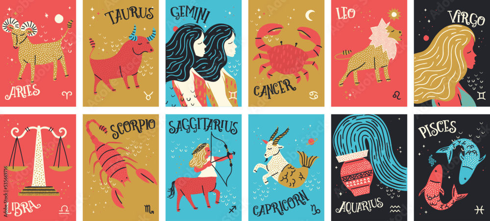 Set Zodiac astrology horoscope signs design vector illustrations set