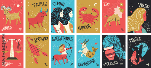 Set Zodiac astrology horoscope signs design vector illustrations set photo