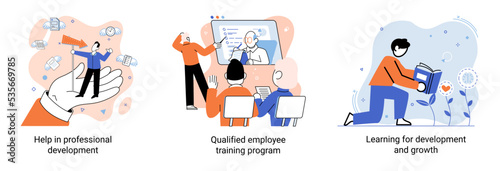 Help in professional development. Qualified employee training program. Learning for software development and growth. Agile project management devOps team, project life scrum meeting. Creative metaphor