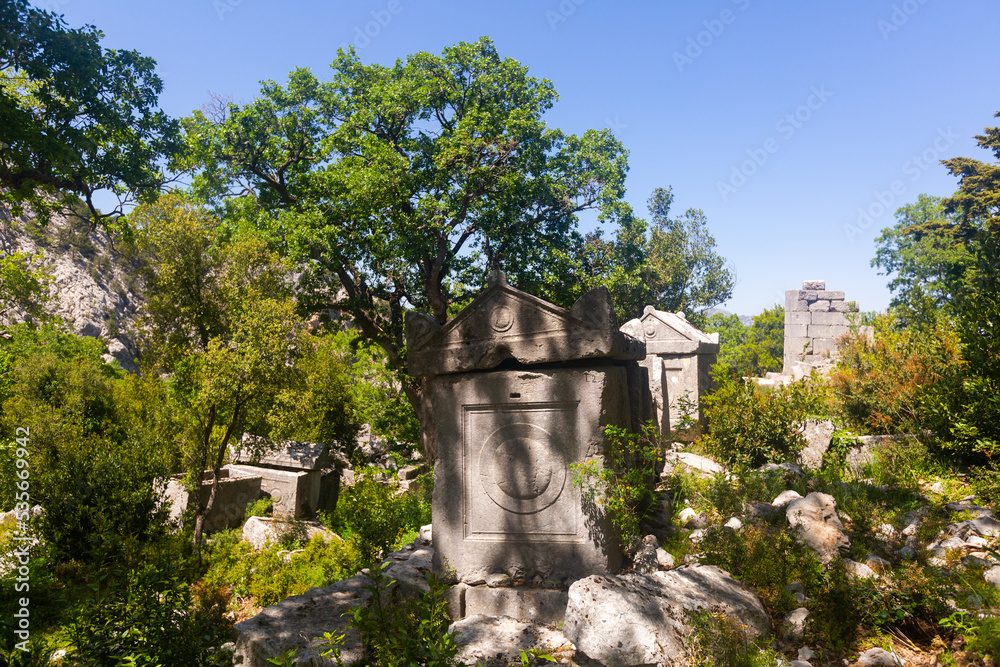 Territory of the North-eastern necropolis with a view of the ancient sarcophagi in the city of Termessos, currently located ..near Antalya, Turkey