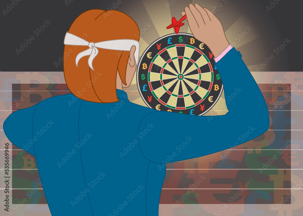 businesswoman wearing blindfold throwing dart at dart board with