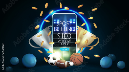 Sports betting, blue banner with smartphone, champion cups, sport balls, spheres on floor and neon blue shiny ring on background