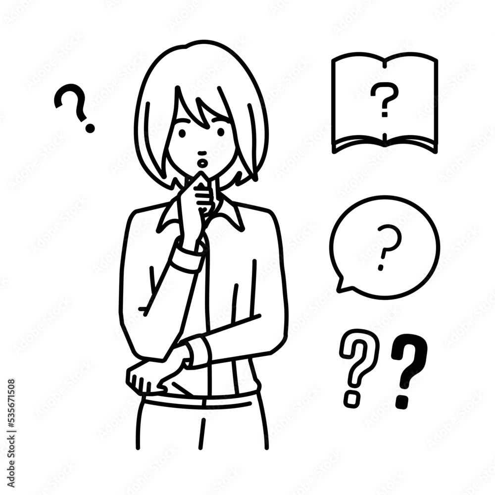 立って手をあごにあてて疑問を感じているブラウスの女性 クエスチョンマークのセット