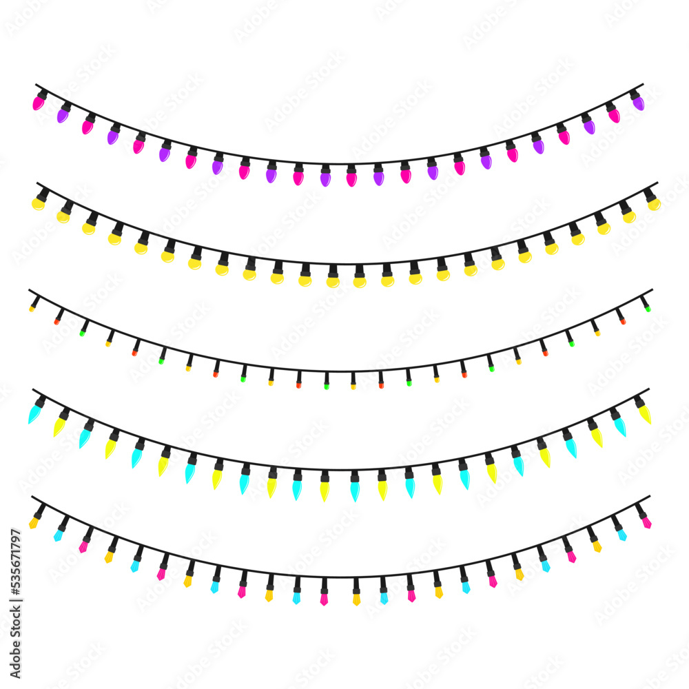 Multicolored holiday lights. Electric garlands flat set. Multicolored holiday lights. Electric garlands flat set.