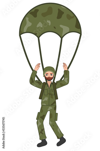 Soldier with parachute on white background