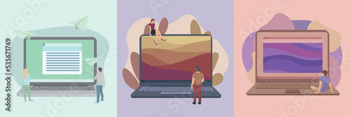 Set of big laptops with small people on color background