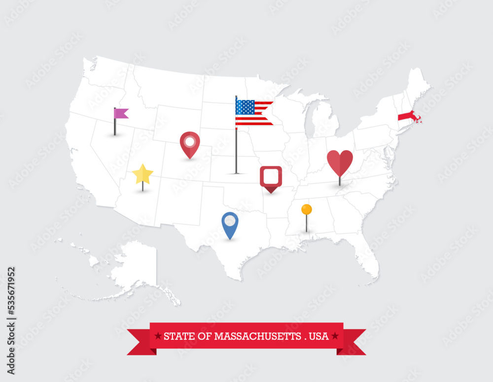 Obraz premium Massachusetts State map highlighted on USA map