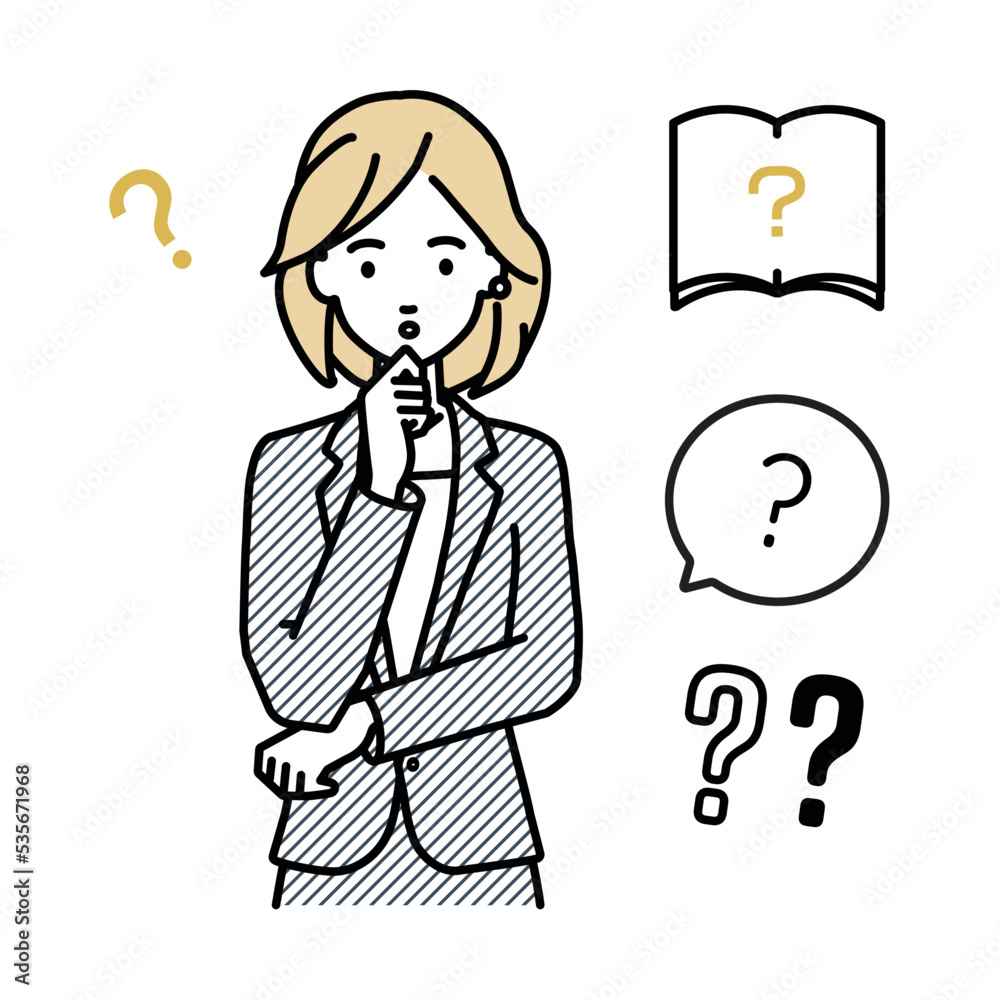 立って手をあごにあてて疑問を感じているスーツの女性 クエスチョンマークのセット