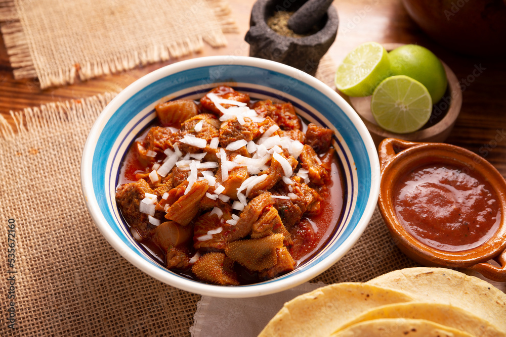 Pancita. Also known as Menudo or Mondongo, it is a typical dish from Mexico and other countries, it is prepared with beef tripe and dried chilies accompanied by corn tortillas. Pancita. Also known as Menudo or Mondongo, it is a typical dish from Mexico and other countries, it is prepared with beef tripe and dried chilies accompanied by corn tortillas.