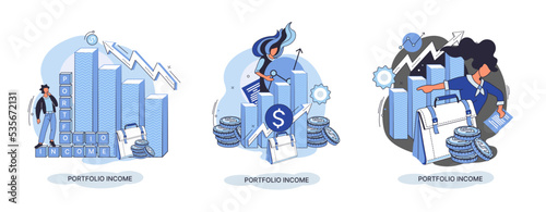 Investment portfolio income dollars currency, buy sell trading, market exchange value metaphor, businessman investor or trader balance portfolio with coins. Financiers analyzing stock market profit