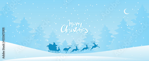 Merry christmas banner. Snow-covered winter forest, silhouette of Santa Claus on a sleigh and handwritten lettering wish. Vector flat cartoon illustration.