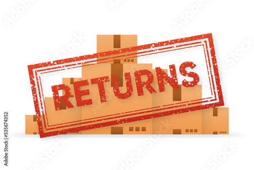 Returns grunge stamp on parcels with goods. Red badge in shabby style. Vector illustration.