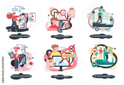 Business intelligence action business plan. Strategic planning automation process. Mission rules vision statement competitive intelligence, goals action plan, loyalty abstract metaphor, teamwork set