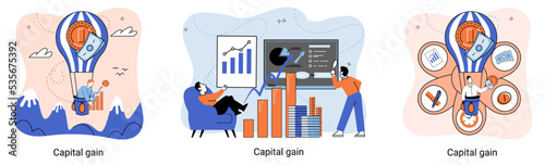 Capital gain, net income, monetary profit and growing graph up. Economic growth, income from investments. Metaphor of business success. Difference between purchase price of an asset and its sale price