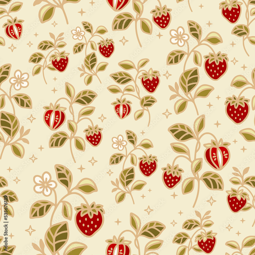 Hand drawn vintage sweet strawberry vector seamless pattern illustration with leaf branch and floral elements