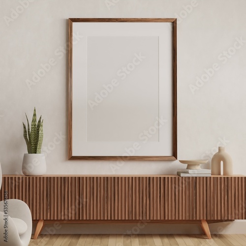 Vertical wood frame mockup in living room interior with light reflection. 3d rendering  3d illustration