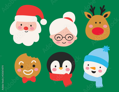 Cute Christmas vector illustration set including Santa Claus, Mrs. Claus, reindeer, gingerbread man, snowman, and penguin.