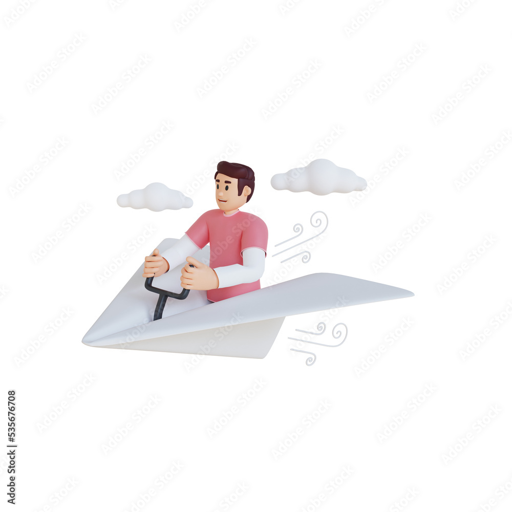 young man driving on paper airplane 3d character illustration