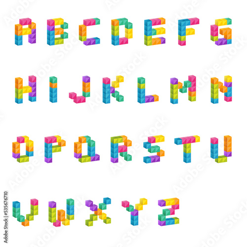 Colorful pixel alphabet in uppercase with 3D effect