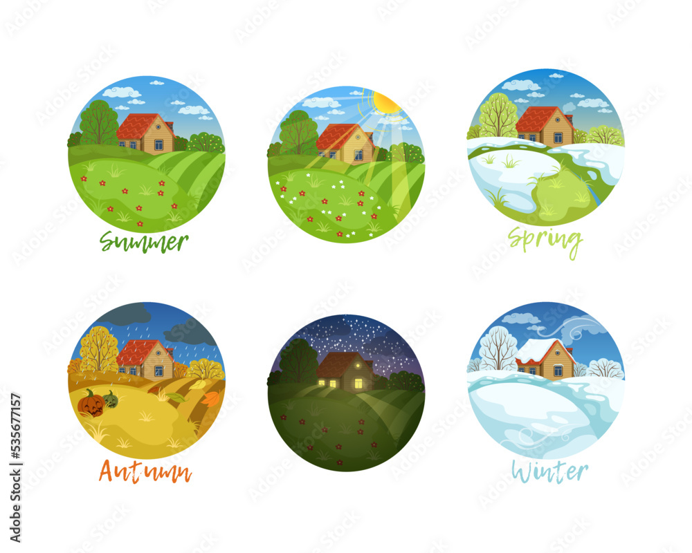 Summer, spring, winter, autumn seasons nature landscapes in circles set vector illustration Summer, spring, winter, autumn seasons nature landscapes in circles set vector illustration